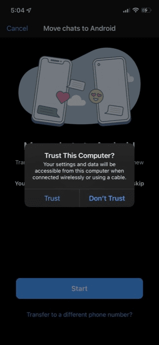 Invite "Trust this computer" sur l'iPhone