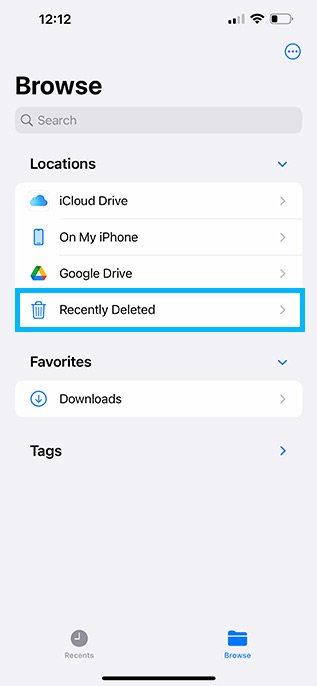 Recently Deleted files in file app