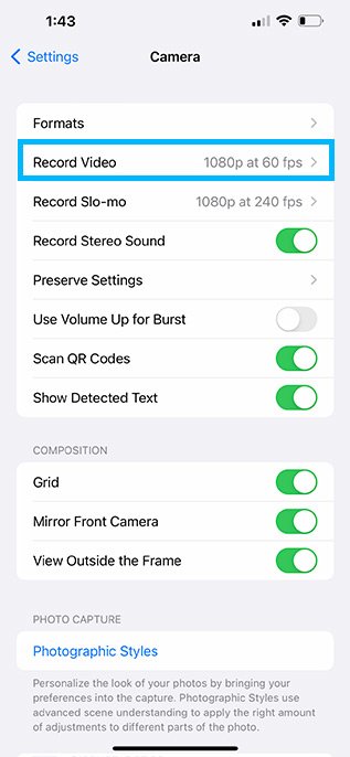 Record Video option in Camera app