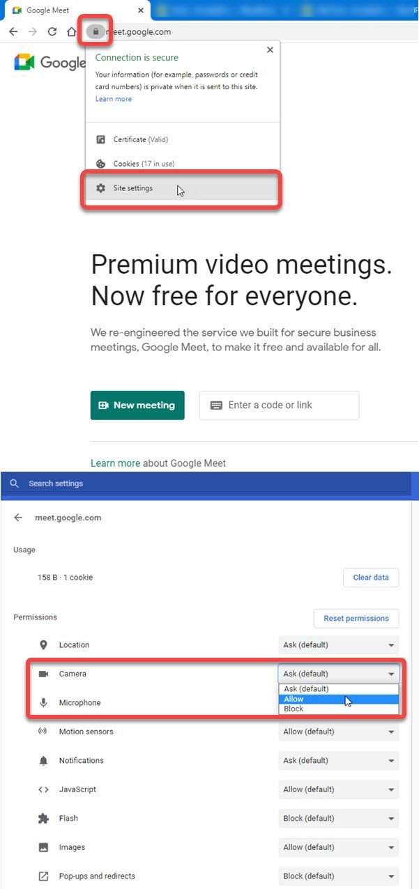 Check for Google Meet Permissions in your Browser