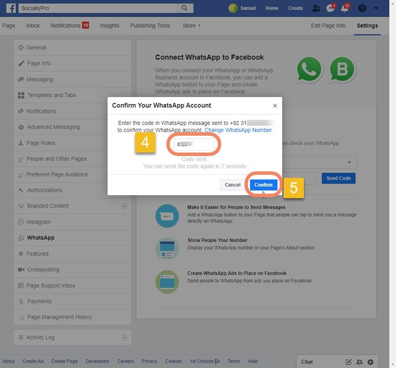 Confirm your WhatsApp account to connect it to Facebook page