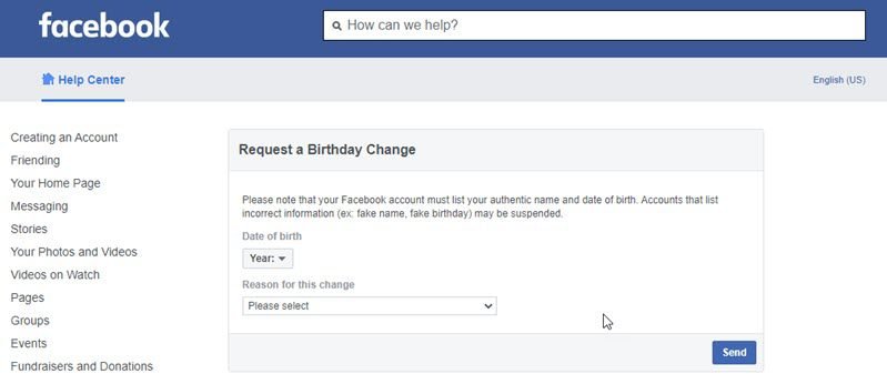 Request a birthday change on Facebook