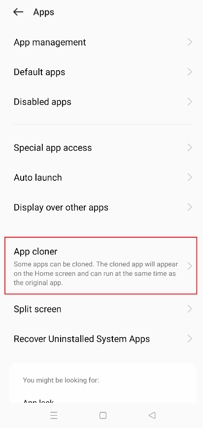 Sélectionnez l'option App Cloner.  Comment installer la même application deux fois sans espace parallèle