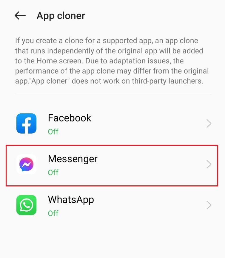 Choisissez l'application Messenger à cloner