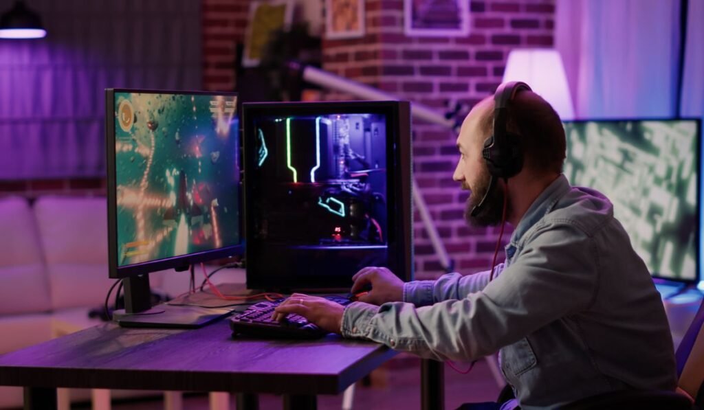 Prise de vue à la main d'un joueur diffusant en continu un jeu de tir spatial rapide sur un PC de jeu tout en expliquant le gameplay