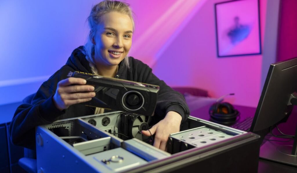 Smiling E-sport Gamer Girl installant une nouvelle carte vidéo GPU sur son PC de jeu